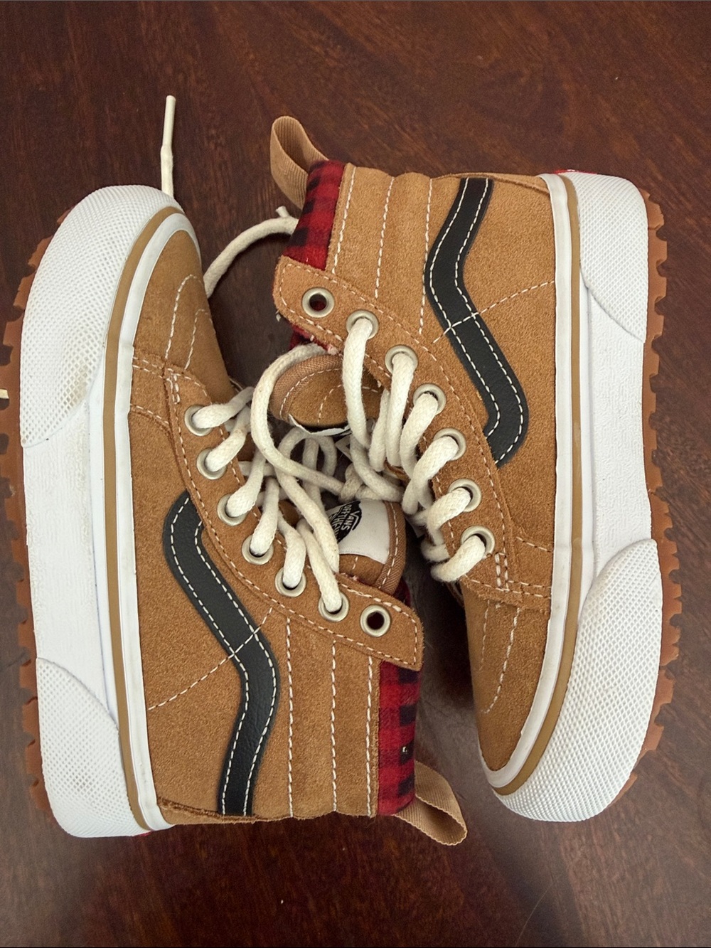 Vans Kids Tan Suede High-Top Sneakers with Red Plaid Lining NWT - never worn